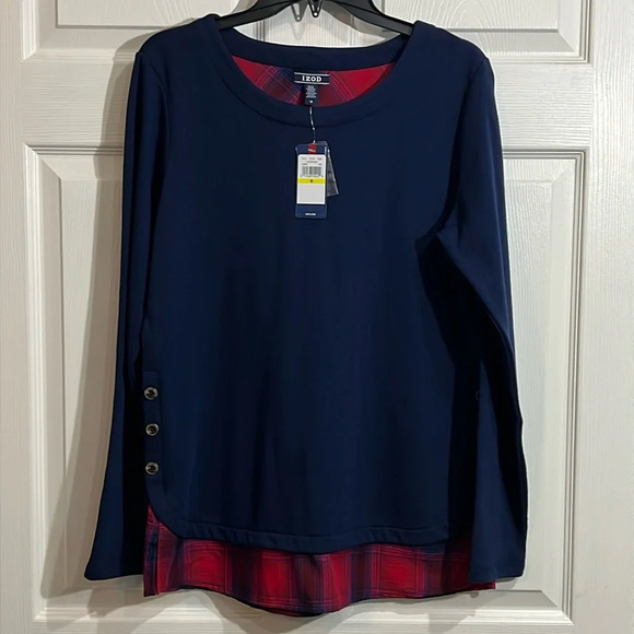 NWT Izod women’s Navy Blue Tunic Long sleeves - Contrast Hem size Medium - Picture 1 of 9